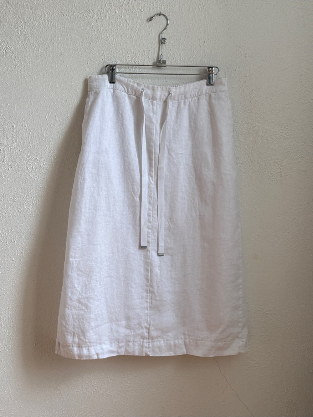 White Linen Drawstring Midi Skirt with Cotton Lining